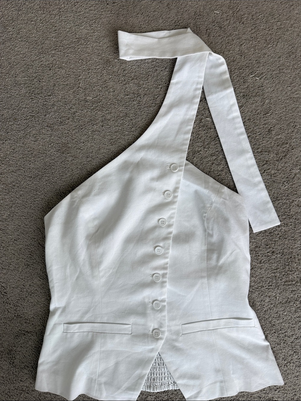 Commense White One-Shoulder Button-Front Top with Tie Strap
